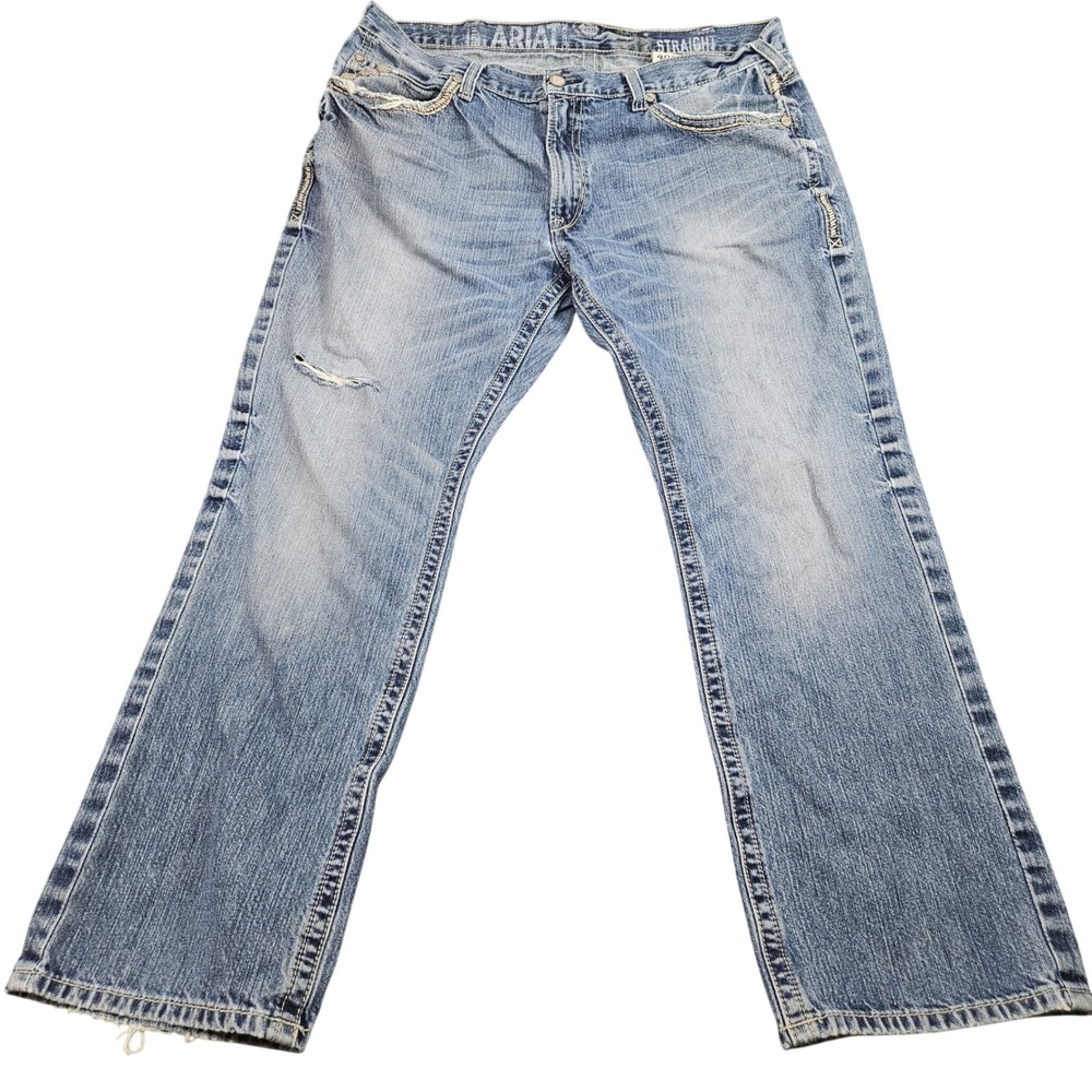 Ariat Gambler Jeans Mens 40x32 Blue Straight Leg Distressed Western Cowboy Denim